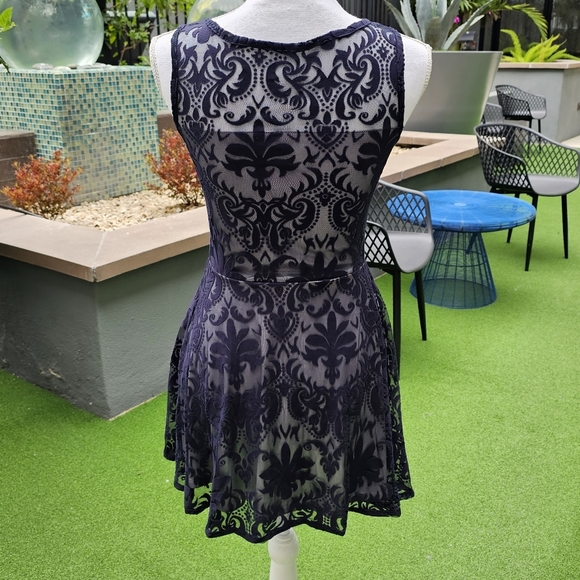 SALLY MILLER Victorian Vibes Dress Silky Silver Lining Deep Blue Sheer Velvet - Picture 6 of 17